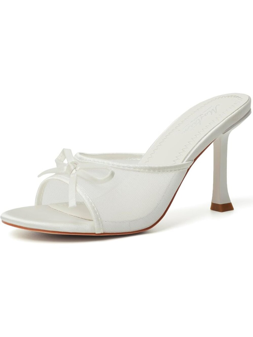 Women White Mesh Round Toe Kitten Heels Stiletto Strapless Backless Party Sandal